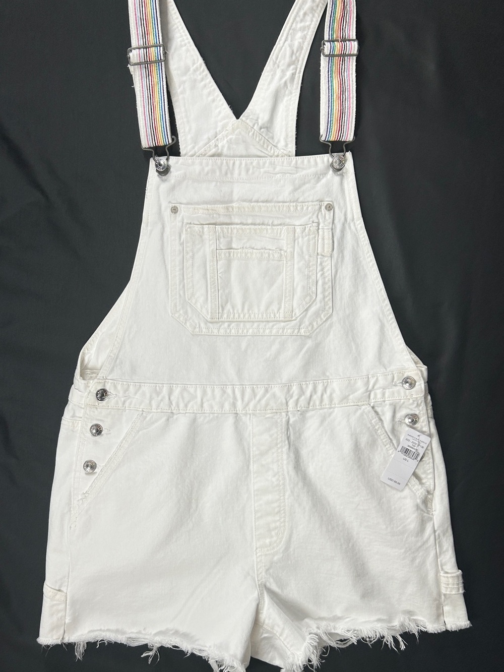 NWT American Eagle Tomgirl White Rainbow Strap Shortalls L